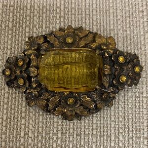 Victorian Revival Topaz Czech Glass Brass Tone Large Brooch